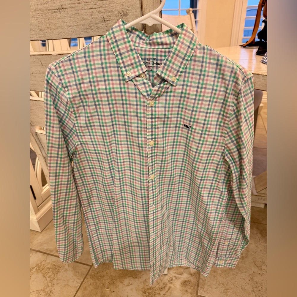 Vineyard Vines Pastel Colors Long Sleeve Plaid Button Up Shirt Boys Size 16